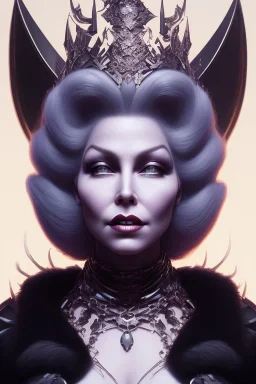 Mae West as evil queen in black leather, leather, busty, cleavage, angry, stern look. character design by cory loftis, fenghua zhong, ryohei hase, ismail inceoglu and ruan jia. unreal engine 5, artistic lighting, highly detailed, photorealistic, fantasy