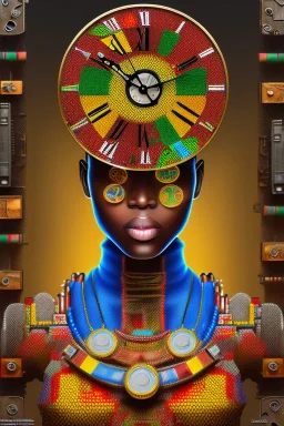 african portrait in rusted clocks, clock face, rust, scaffolding, ghana colours, cyberpunk, high detail