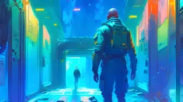 wadim kashin and greg rutkowski illustration depicting a 35 years old astronaut, bald, tired, look like ralph fiennes, he is standing on a corridor of a starship, the corridor is made of glass and we can see the space and the stars, very gritty and dark, perfect composition, hyperdetailed, masterpiece, gloomy light, cinematic