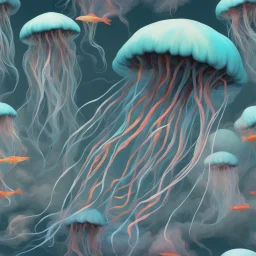 a 3d painting of jellyfish with colorful fish and clouds, in the style of dark and chaotic, light black and light aquamarine, animated gifs, site-specific works, gossamer fabrics, flickr, fluid and gestural --ar 35:52