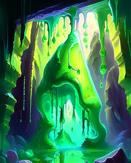 a slimy dripping gelatinous cube in vast cavern room painterly