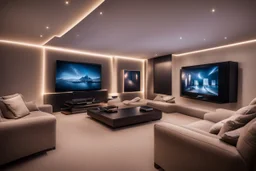 a dedicated home cinema room with LED ambient lighting in the walls