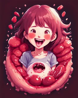 A detailed illustration Anime girl smiling crushed inside really darkred fleshy stomach filled with digestive juices, t-shirt design, in the style of Studio Ghibli, pastel tetradic colors, 3D vector art, cute and quirky, fantasy art, watercolor effect, bokeh, Adobe Illustrator, hand-drawn, digital painting, low-poly, soft lighting, bird's-eye view, isometric style, retro aesthetic, focused on the character, 4K resolution, photorealistic rendering, using Cinema 4D, vector logo, vector art,