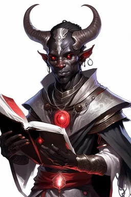 En Young male black skin tiefling fra dnd holding a book with Arcane Magic in a silver and White Rope. His horn a perfectly place on acet from the front to the back pointing upwards with glowing Red cat Eyes