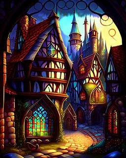 medieval dwarf town with stained glass window buildings fairytale rpg art