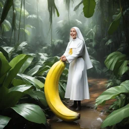 the youthful Italian nun straddles a giant banana in the wet jungle, riding the long fruit with happiness
