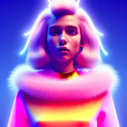 blonde woman teenager, gold teeth, feather sweater, purpurin, retro futuristic, latex dress, gradient color, BLUE, PINK, CYAN, neon, insanely detailed, 16k resolution, perfect eyes, cinematic smooth, intricate detail