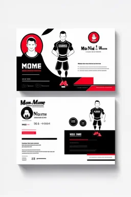 business card layout for a gym instructor, red and black, vector art with gym mechines, white background with email, address, phone number and Instagram icons