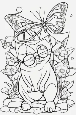 Outline art for cute coloring pages with butterfly with glasses, full body, white background, sketch style, only use outline, clean line art, no shadows and clear and well outlined.