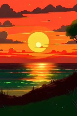 can you make a sunset, not so done but like just started the sunset with evelands around and the ocean. and also make sunlight that kind of lights it up. make a cartoon and dont make it realistic