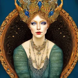 portrait of woman queen of peacocks, stunning, beautiful, gorgeous, realistic, photo illustrative, ornate, dark hair, blue eyes, 8K resolution, high-quality, fine-detail, digital art, detailed matte, brian froud, howard lyon, selina french, anna dittmann, annie stokes, lisa parker, greg rutowski, alphonse mucha