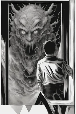 a man looking into a mirror and seeing a horrifying, abstract monstrous reflection