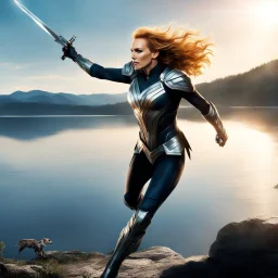 [movie by Zack Snyder] a new legend begins. High above the glistening lake, Toni Collette soars as a super heroine. With each graceful movement, she leaves a trail that sparkles in the sunlight,