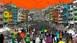Illustration showing diverse individuals coming together, holding hands, and working collaboratively to rebuild their destructed city, people in colors while destructed city in gray.