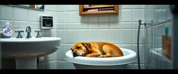 hot dog sleeping in bathroom