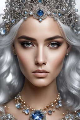 Half body photography ultra realistic portrait natural beauty of young woman, beautiful, shiny hard eyes, make up, shiny baubles, ornate, large gemstones, shiny molten metalics, shiny wire filigree, silver hair, high definition, high res,establishing shot