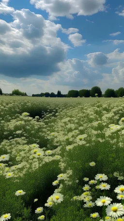 Field of of white flowers with light green clouds in the background