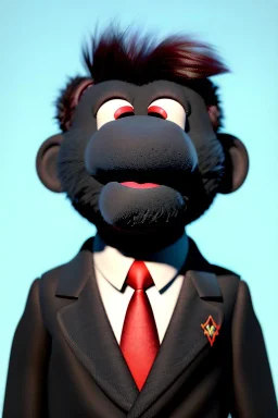 Waist up muppet Portrait, Kim Jong-un muppet doll, black suit, photo studio, red background, unreal engine 5, concept art, art station, god lights, ray tracing, RTX, lumen lighting, ultra detail, volumetric lighting, 3d.