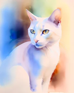 A serene watercolor painting capturing the essence of 'Six steps to draw a cat on a white paper.' Soft strokes outline the delicate process, blending shades of white, gray, and hints of pastel colors, creating an atmosphere of creativity and simplicity."
