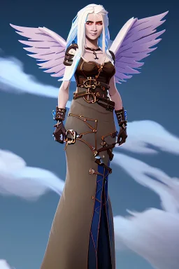 blue sky clouds, blonde steampunk angel in a flowing gown, majestic