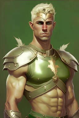 human male, olive skin tone, green eyes, short-cropped blonde hair similar to a flat-top, lean muscular build, wearing silver armor and a leather headband, standing in a regal posture