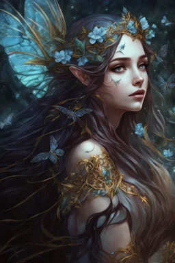 Burgundy hair, dark hair,dark red , rapunzel hair,very long hair,dark fairy princess,elven crown,night,dragonflies,beautiful,ong ashes,golden armor ,sparkle,night blooming,ivy,dark green,lilly of valley,golden elven crown