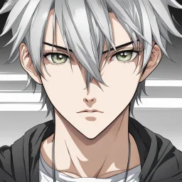 A stunningly detailed (((headshot portrait))), capturing the essence of a young man in his 20s with silver hair and piercing gray eyes, exuding a sense of confidence and protection, anime realism style