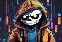 Sans in 8k cartoon artstyle, pixel them, neon effect, close picture, rain, fantasy world, intricate details, highly detailed, high details, detailed portrait, masterpiece,ultra detailed, ultra quality