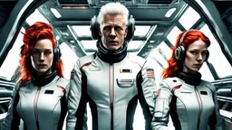Photorealistic picture of a man in a flight suit with two tall, slender female androids in biosuits, one with red hair and one with white hair, standing on the bridge of a spaceship.