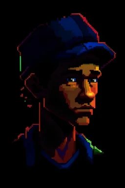 Un retrato al estilo pixel art de Guybrush Threepwood, con un joven de tes morena, con una gorra negra, colorido e iluminado, nariza un poco mas gruesa