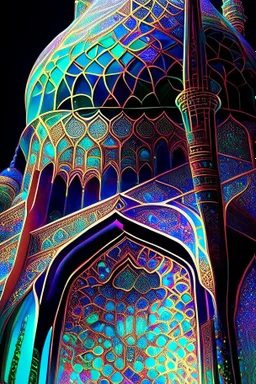 Mosque, beautiful, colorful, complex, detailed, elaborate, eldritch, expansive, ethereal, entangled, elemental, geometric, glowing, gossamer, iridescent, intricate, meticulous, mysterious, noctilucent, serene, radiant, polished