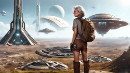 A photorealistic image of a slender 60-year-old woman, in brown shorts, a shirt and boots, with a backpack, standing on a hill looking down on a futuristic derelict sci-fi spaceport with spaceships and alien buildings.