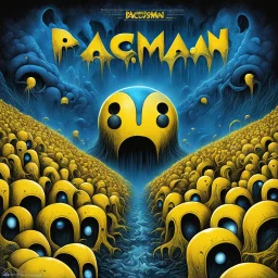 Dramatic movie poster art for blockbuster horror movie for "PACMAN" by Zdzislaw Beksinski and Alexander Jansson and Arthur Secunda, Sinister Pac-man avatar and evil video game motifs, digital illustration, Lovecraftian Pac-man ghosts, surreal horror, text: "PACMAN", poster art, yellow and dark_blue color scheme