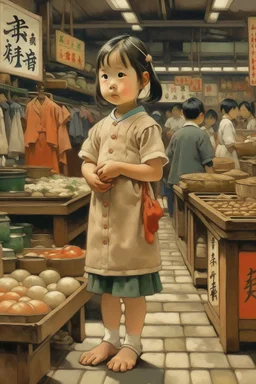 japanese little girl standing in market painting neoclassism