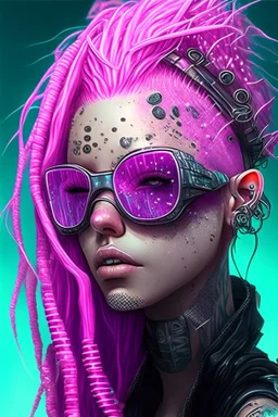 mermaid cyberpunk some fish scales on face pink hair dreadlock sunglasses