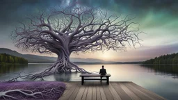 back to the camera a figure sittings on amorph bench in a beautiful landscape and overlooking the water of the nearby lake, calm, harmonious atmosphere, muted dark colors, purple, white, gray, green, blue, brown, silver, black , ,not too colorful colors, Whimsical style and giant stunning neuron network all over the sky, half shadow and half light picture, surreal stunning vibe