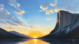 A realistic oil painting of a majestic rock formation towering over a serene lake at sunset