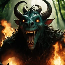 [a scene of Pan's Labyrinth (2006): summoning a devil] a low angle view with bokeh effect capturing the monstrous Laughing monster in all its fearsome glory. Smoke billows menacingly from its nostrils, swirling around its grotesque visage, while flames rage fiercely from its gaping maw, casting an eerie glow against the darkening sky. The Laughing monster's wicked laughter echoes through the valley, sending shivers down the spines of all who behold its menacing form.