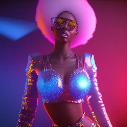 a black woman with blue crystal shiny sunglases dancing on the dancefloor, behind her is a grafitti, steam punk, realistic, made in octane, cinematic, ultra-realistic, extremely detailed octane rendering, 8K, VRAY Super Real ar 2:3, dof photorealistic futuristic 50mm lens hard lighting dark gray tintype photograph, realistic lighting