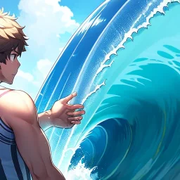 anime boy, surfer boy, surf, waves, perfect wave, detail on hands and face