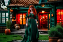 Full body shot of a tall slim pretty, red-headed young female witch, casting magical glowing symbols into the air, dressed in a long flowing green dress, standing in front of a row of cottages and shops with thatched roofs