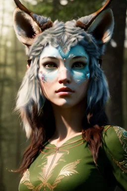 Druid character, physically fit, lynx ears, nature, far, sidhe, facepaint, waist up portrait, intricate, oil on canvas, masterpiece, expert, insanely detailed, 8k resolution, retroanime style, cute big circular reflective eyes, cinematic smooth, intricate detail , soft smooth lighting, soft pastel colors, painted Renaissance style