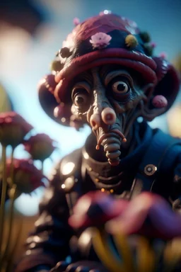 portrait of illithid mind flawyer holding weird flowers in his trunk in the style of pixar, on a strange planet with weird colors and wind turbines, bokeh like f/0.8, tilt-shift lens 8k, high detail, smooth render, down-light, unreal engine, prize winning