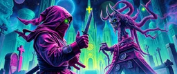 Epic portrait of ninja paladin vs demi-lich in tower cemetery in the style of Giger and Escher in Transparent Psychedelic Fluorescent Colors looking like a Record Cover, multidimensional depth of field, airbrush pen outline