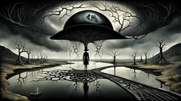 painted inner world with neurodivergens mind and soul, floating doors over surreal cracked weird landscape . one thin bridge over big black river, alone human woman figure black shilutte in big hat in neuoron web. deep dark colors, with silver and black. Whimsical strange style of Chagall, and of Anton Semenov. weird absurd beauty nightmare, black shadows, in background cyber neuronic network, surreal vibe, nightmare