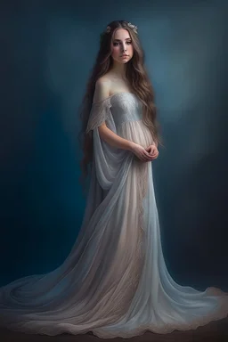 ethereal, ethereal dress, goddess, beautiful woman, dreamy, long wavy hair, big eyes, sophisticated,, hyper realistic, hyperrealism, photoreal, realistic, photorealistic, soft pastels, full-body, standing, long shot, wide angle