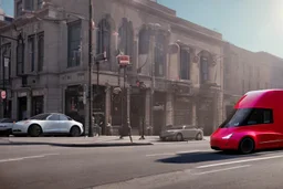 A Tesla 'Semi' (semi truck) is parked, on the streets of San Francisco. (CINEMATIC, WIDE ANGLE LENS, PHOTO REAL)