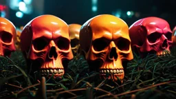 a field of 1000s of cartoonish, anatomically correct, skulls, vivid RANDOM BRIGHT neon colors, dark comedy, well lit, high detail, photorealistic, horrorcore, fun, scary, none featured, each a different color or hue,