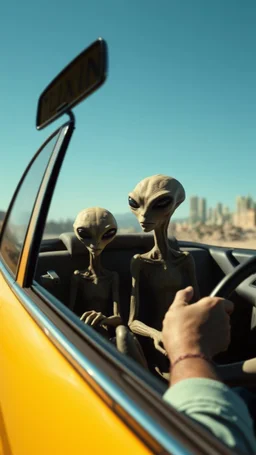 aliens sitting in an taxi car and the driver looking at them in the mirror
