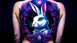 An amazing dark psytrance art tattoo of the White Rabbit from Twisted Alice in Wonderland on a human back, on a dark background under UV light, vivid and vibrant neon tattoo ink, detailed, intricate, high contrast.